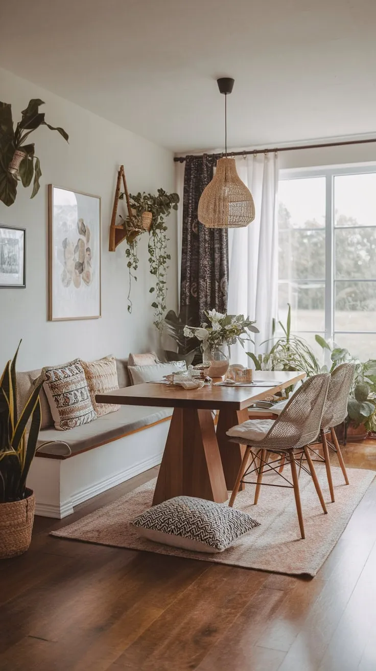 A sunlit boho dining space features a modern table, vibrant textiles, and lush greenery, creating a relaxed and inviting atmosphere.