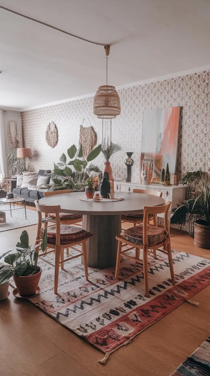 Bohemian chic reigns in this open-concept apartment, its dining area a feast for the eyes with patterned textures, natural wood, and eclectic décor.