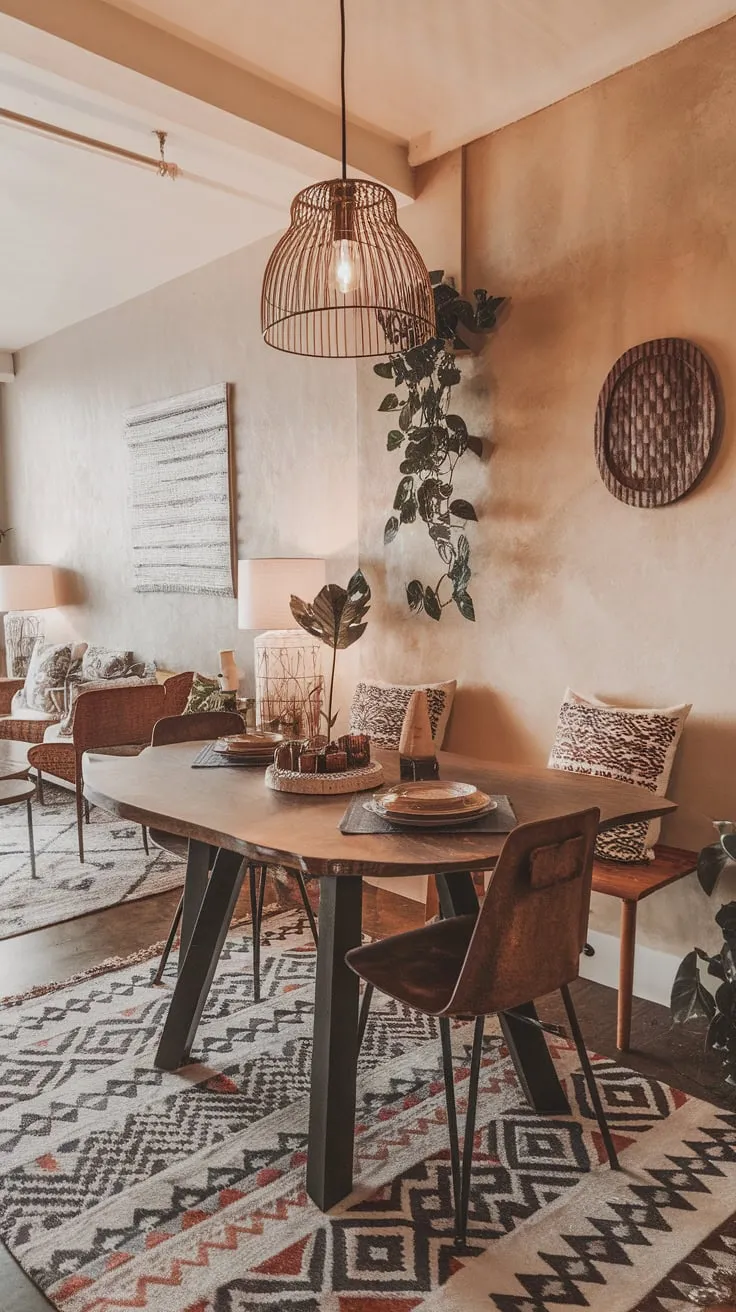 A modern boho dining table anchors a spacious, open-concept room adorned with patterned textiles, natural elements, and warm, inviting light.