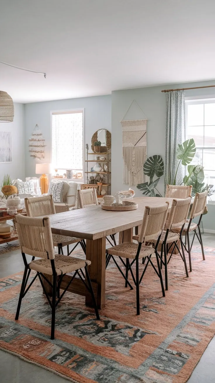A light blue boho dining room features a long wooden table, woven chairs, patterned rugs and pillows, creating a relaxed and inviting space.