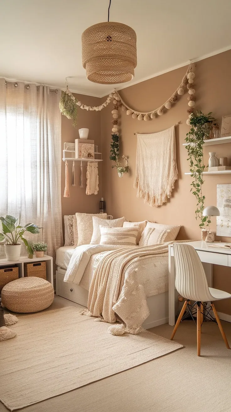 Transform your dorm into a haven of calm with this boho dorm room aesthetic.  This beige and white dorm room proves that a neutral color dorm room can be anything but boring, offering inspiration for your own dorm room neutral aesthetic.