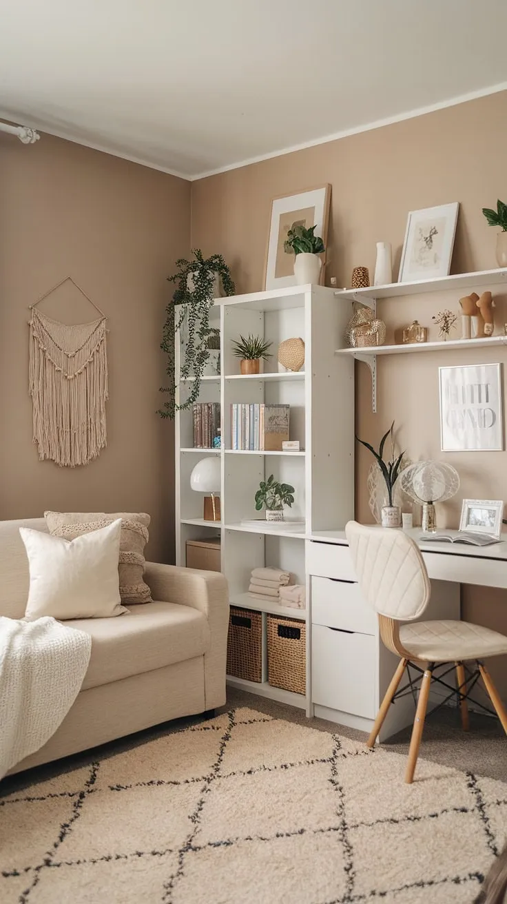Transforming a dorm room into a serene boho haven with a neutral color palette. This cream dorm room aesthetic, featuring beige and white, showcases the beauty of simple, calming design.  Perfect examples of neutral color dorm room ideas and a boho dorm room aesthetic.
