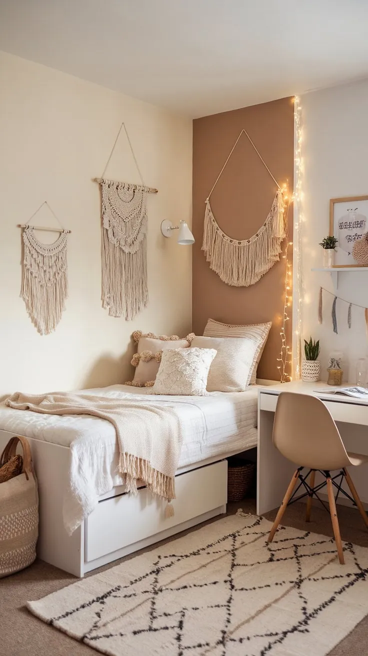Transform your dorm into a haven of peace with this boho dorm room aesthetic.  The beige and white dorm room is effortlessly chic, featuring a neutral color dorm room design that's both stylish and functional.  This dorm room neutral aesthetic is the perfect blend of boho charm and minimalist serenity.