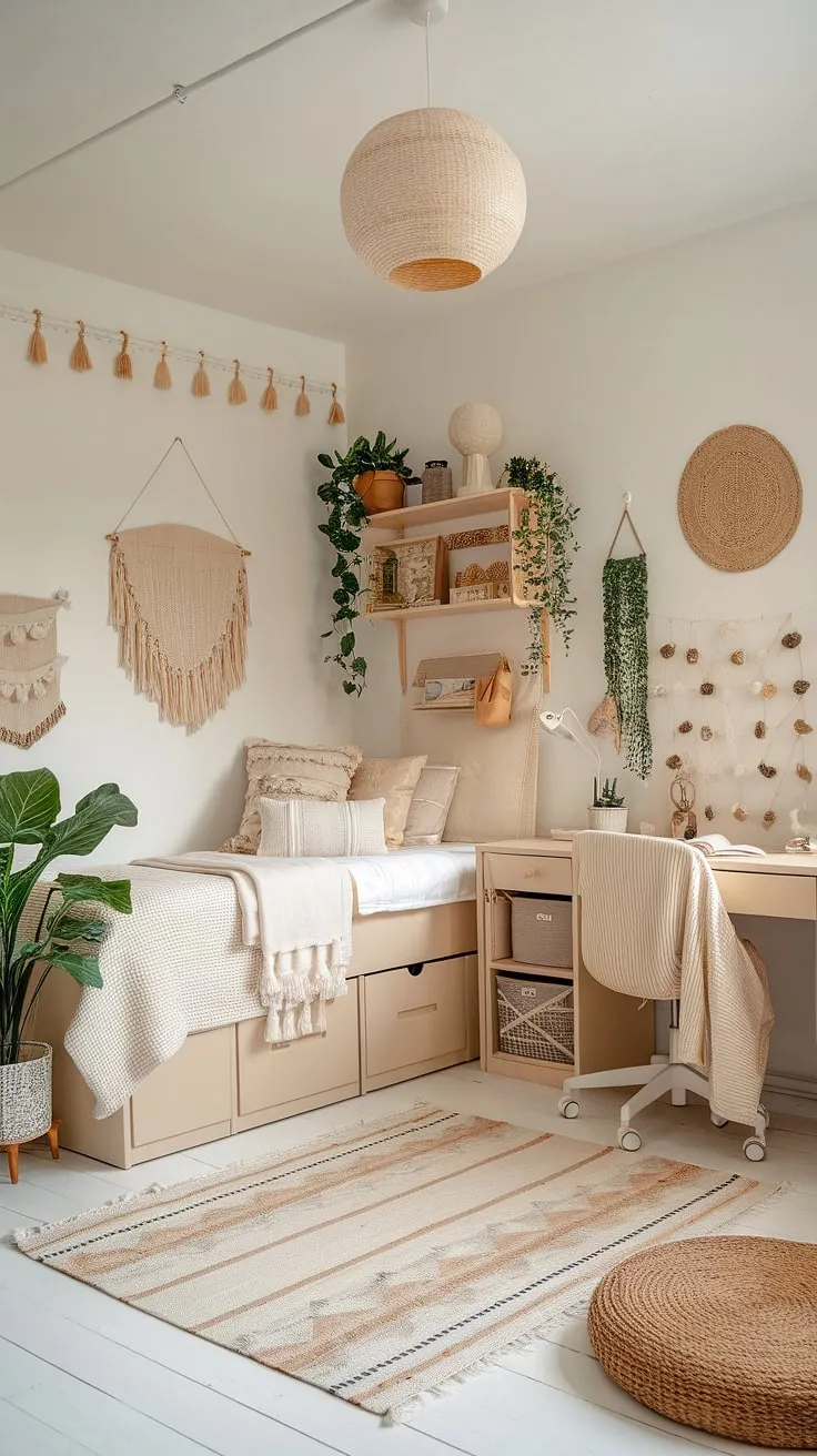 Cozy and chic: my boho dorm room neutral aesthetic.  This beige and white dorm room is the perfect blend of comfort and style, showcasing the best of cream dorm room aesthetic and offering inspiring neutral color dorm room ideas for anyone looking to create a peaceful dorm room space.