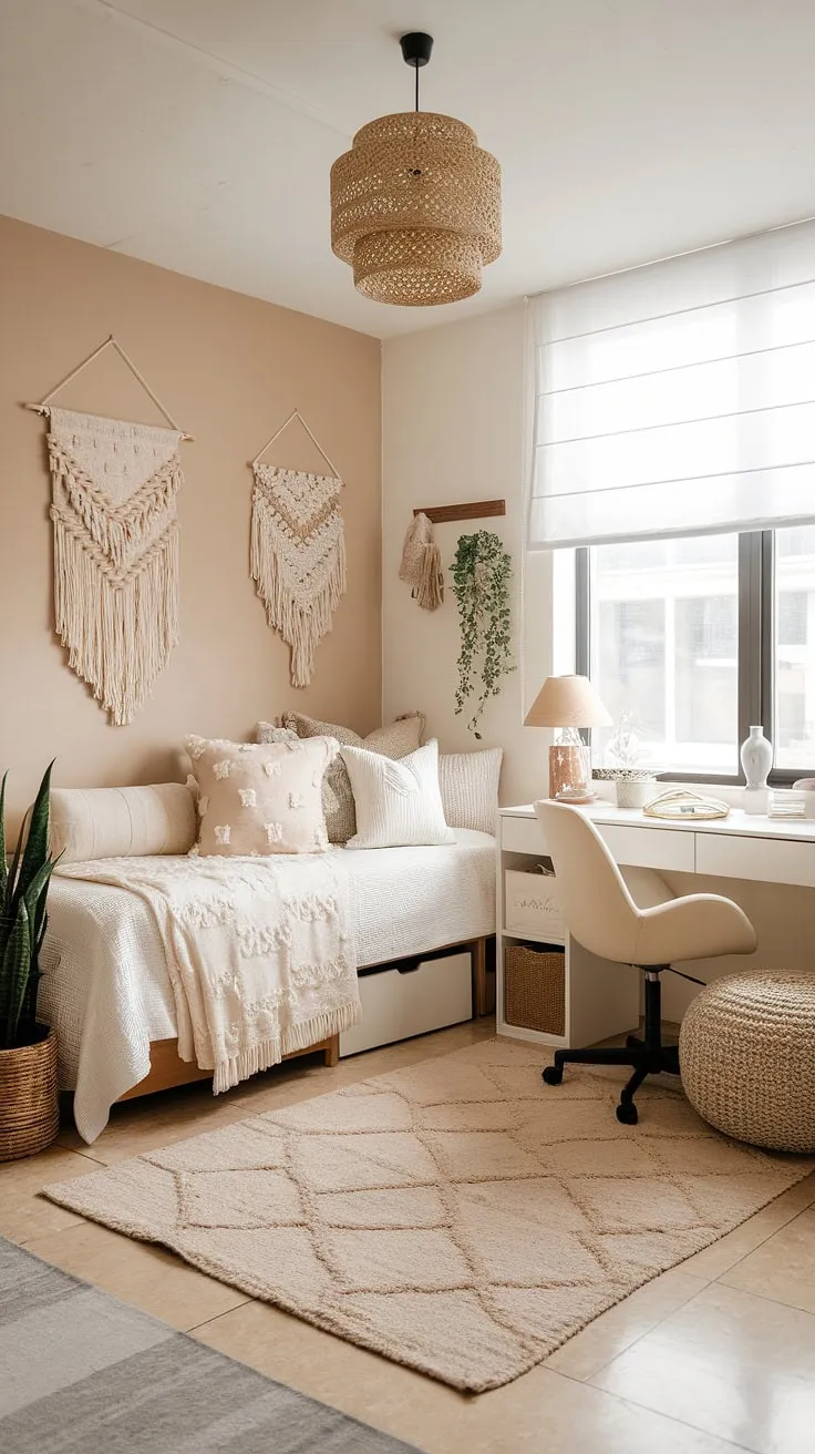 Transform your dorm into a serene sanctuary with this boho dorm room aesthetic.  The beige and white dorm room features a calming neutral color dorm room design, proving that less is more when it comes to creating a stylish and functional space.  Explore these boho dorm room ideas for your own cozy haven.