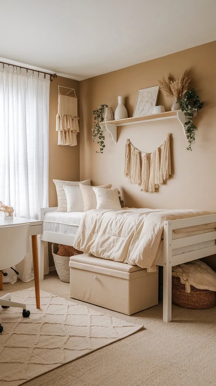 Transforming a dorm room into a serene sanctuary? This boho dorm room, bathed in a cream dorm room aesthetic and featuring a beige and white dorm room palette, proves that neutral color dorm room ideas can be incredibly stylish and inviting.  The result is a calming boho dorm room aesthetic perfect for studying and relaxing.