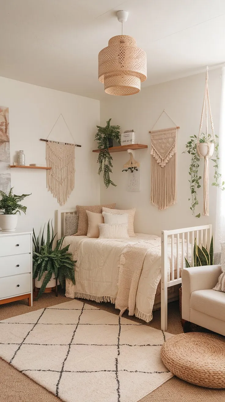 Transforming a dorm room into a serene sanctuary? This boho dorm room, bathed in a cream dorm room aesthetic and featuring a beige and white dorm room palette, proves that neutral color dorm room ideas can be incredibly stylish and inviting.  The result is a calming boho dorm room aesthetic perfect for studying and relaxing.