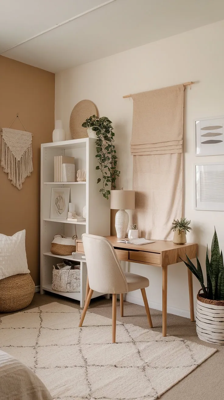 Achieve the ultimate boho dorm room aesthetic with this calming beige and white dorm room.  The neutral color dorm room ideas create a peaceful space, perfect for studying or relaxing, proving that less is more in dorm room design.