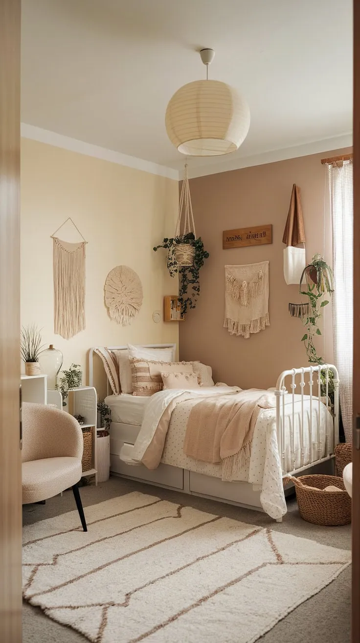 Cozy and chic: this boho dorm room showcases a stunning dorm room neutral aesthetic. The beige and white color scheme creates a calming cream dorm room aesthetic, proving that even small spaces can embrace the boho dorm room aesthetic with simple, neutral color dorm room ideas.