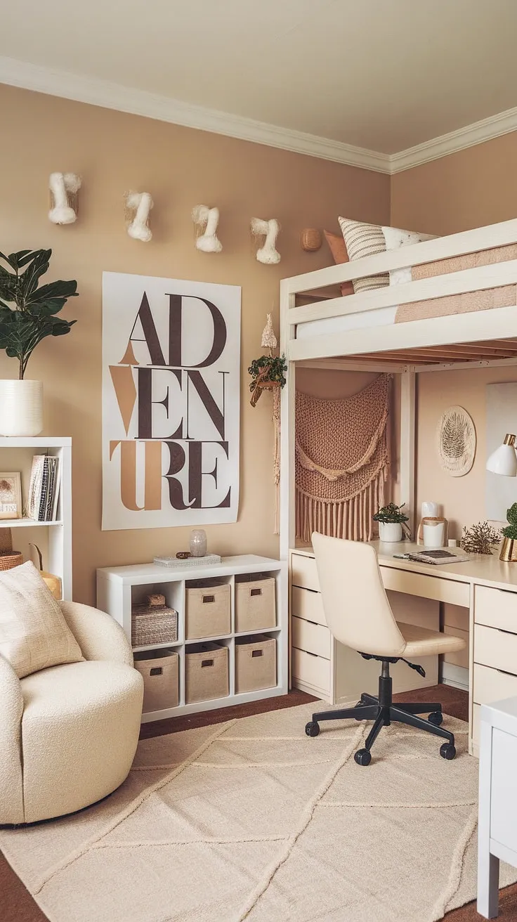 Transforming a dorm room into a serene sanctuary? This boho dorm room, bathed in a cream dorm room aesthetic and featuring a beige and white dorm room palette, proves that neutral color dorm room ideas can be incredibly stylish and inviting.  The result is a calming boho dorm room aesthetic perfect for studying and relaxing.