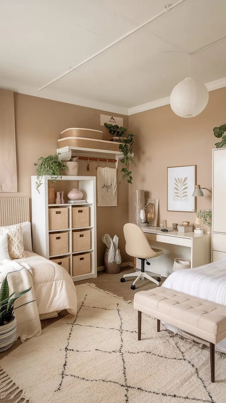 Transforming a dorm room into a serene boho haven? This beige and white dorm room, with its cream dorm room aesthetic, proves that neutral color dorm room ideas can be incredibly stylish and cozy.  The result is a perfectly balanced boho dorm room aesthetic and a dorm room neutral aesthetic that's both calming and chic.