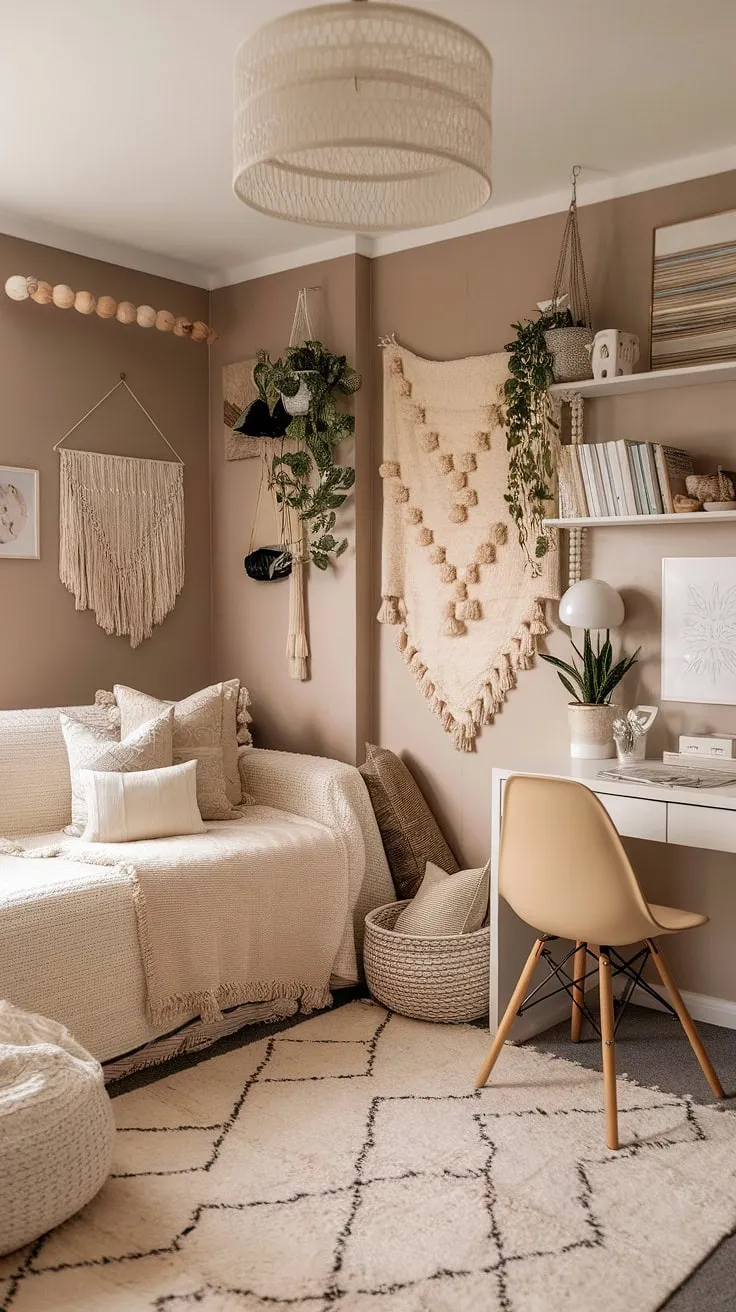 Cozy and chic: this boho dorm room showcases a stunning dorm room neutral aesthetic. The beige and white color scheme creates a calming cream dorm room aesthetic, proving that even small spaces can embrace a sophisticated boho dorm room aesthetic.  Find inspiration for your own neutral color dorm room ideas here.