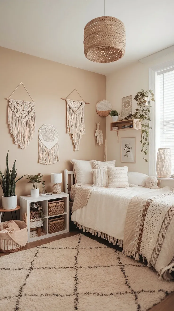Cozy and calming, this beige and white dorm room embraces a boho dorm room aesthetic.  The neutral color dorm room ideas create a peaceful cream dorm room aesthetic, perfect for studying and relaxing in your boho dorm room.