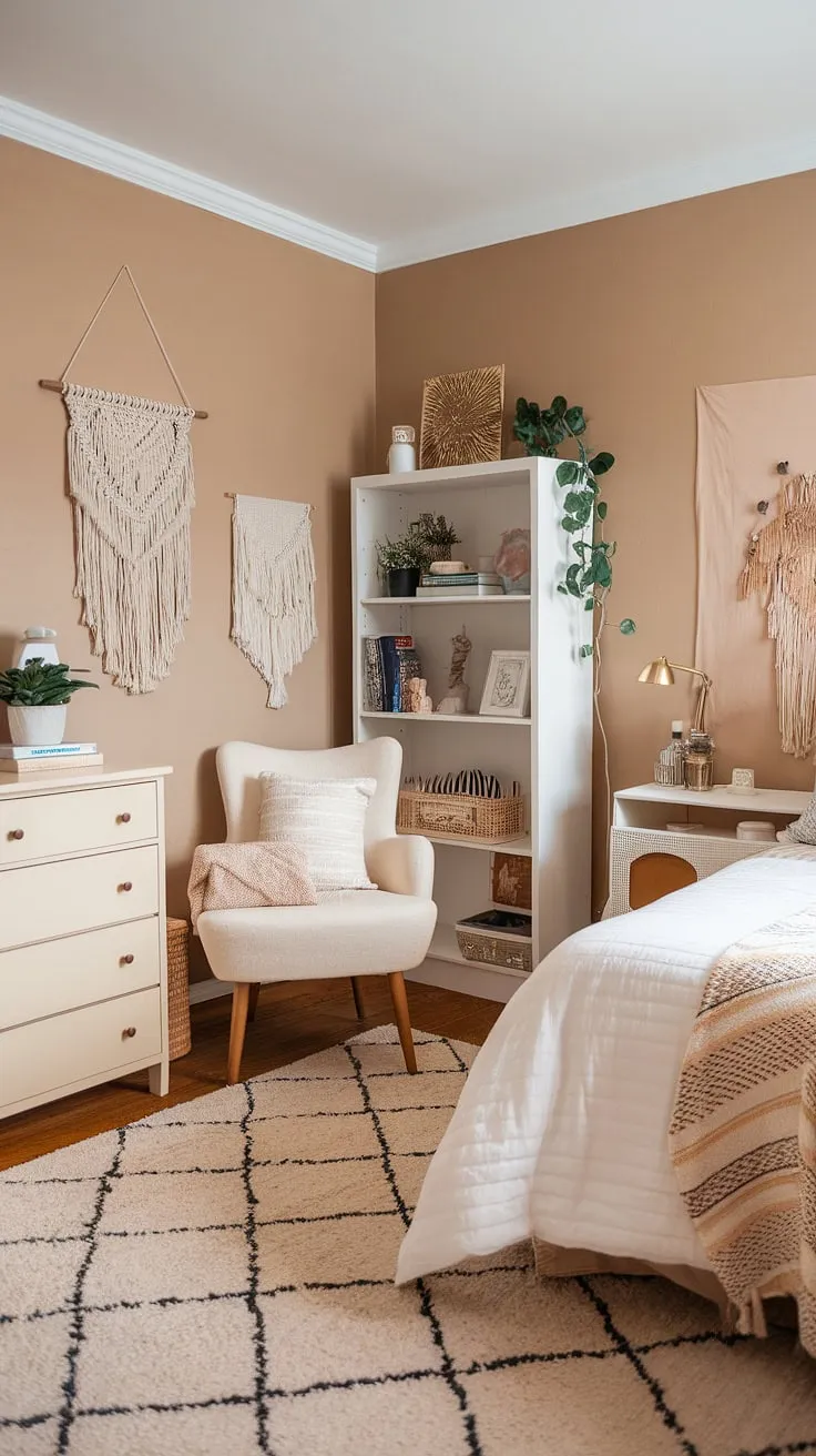 Cozy and calming, this boho dorm room showcases a neutral aesthetic perfect for relaxation and study.  The beige and white dorm room, with its cream dorm room aesthetic, offers a serene space, proving that neutral color dorm room ideas can be both stylish and inviting.  This boho dorm room aesthetic is effortlessly chic.