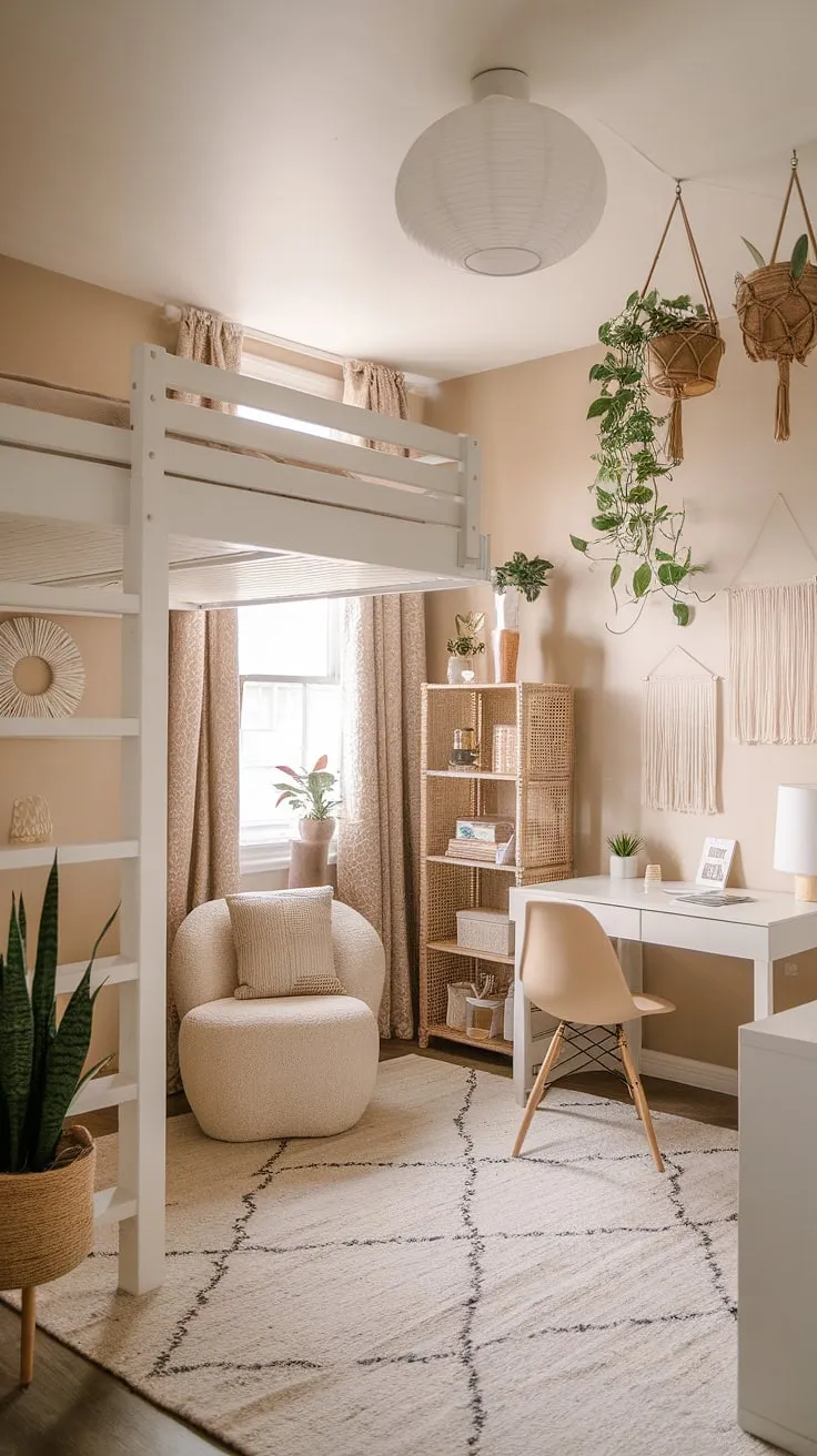 Transforming a small dorm room into a haven of calm with this boho dorm room aesthetic.  The cream dorm room aesthetic, achieved with beige and white dorm room decor, creates a neutral color dorm room that's both stylish and relaxing.  This dorm room neutral aesthetic is perfect for anyone seeking a peaceful study space.