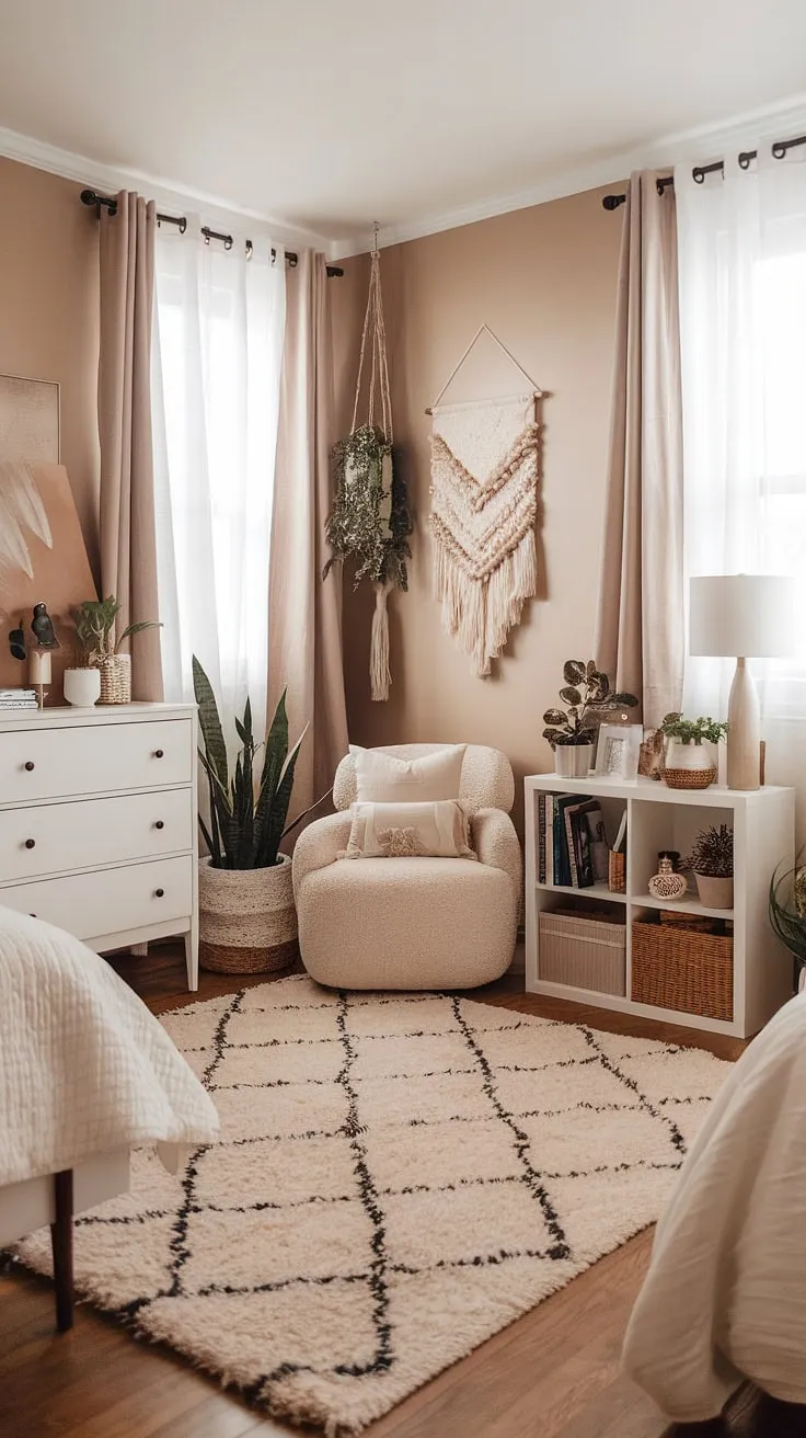 Transforming a dorm room into a serene boho haven with a neutral color palette. This cream dorm room aesthetic, featuring beige and white, offers a calming space perfect for studying and relaxing.  It's the ultimate boho dorm room aesthetic and a great example of neutral color dorm room ideas.