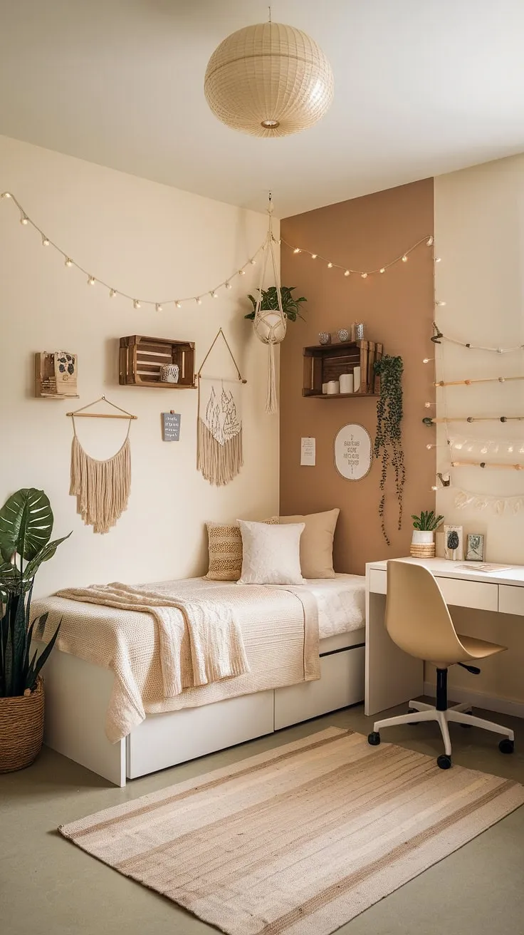 Cozy and calming, this boho dorm room showcases a neutral aesthetic perfected.  The cream dorm room aesthetic, with its beige and white dorm room palette, creates a serene space.  Neutral color dorm room ideas come to life with the thoughtful placement of plants, string lights, and woven textures, resulting in a truly inviting boho dorm room aesthetic.