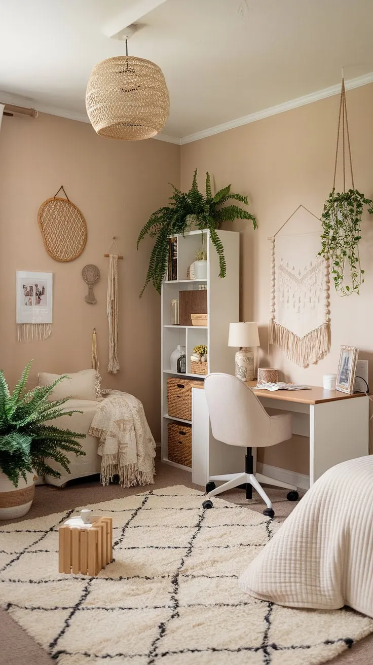 This boho dorm room is the perfect blend of cozy and chic, showcasing a neutral color palette that's both calming and stylish.  The beige and white dorm room, accented with cream tones, creates a serene space, offering inspiration for neutral color dorm room ideas.  A testament to the boho dorm room aesthetic and cream dorm room aesthetic, this space proves that less is more.