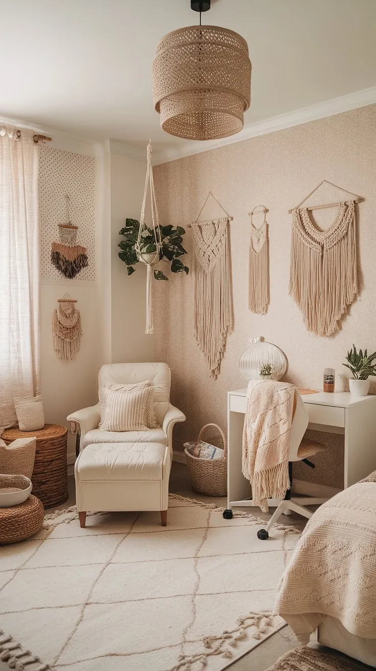 Transforming a dorm room into a serene boho haven with a neutral color palette. This cream dorm room aesthetic, featuring beige and white, offers a calming space perfect for studying and relaxing.  It's the ultimate boho dorm room aesthetic and a great example of neutral color dorm room ideas.