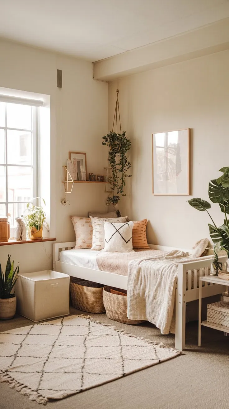 Transform your dorm into a haven of calm with this neutral dorm room aesthetic.  This beige and white dorm room showcases the beauty of simple design, offering inspiration for neutral color dorm room ideas.  The result? A dreamy boho dorm room that's both functional and stylish.