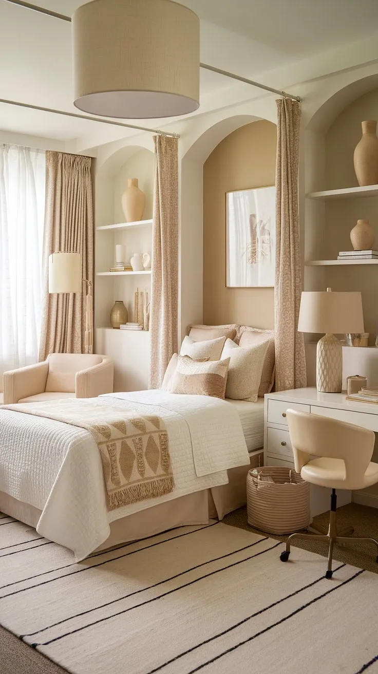 Neutral doesn't mean boring! This boho dorm room aesthetic proves it.  The cream dorm room aesthetic and beige and white dorm room create a calming space, offering inspiration for your own neutral color dorm room ideas.  Achieve a boho dorm room that's effortlessly chic and perfectly you.