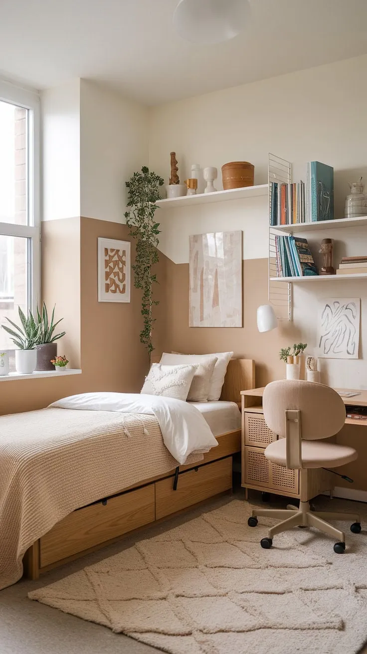 Transform your dorm into a haven of peace with this boho dorm room aesthetic.  This beige and white dorm room is the ultimate example of a dorm room neutral aesthetic, offering a sophisticated and calming atmosphere with plenty of space for personal touches.