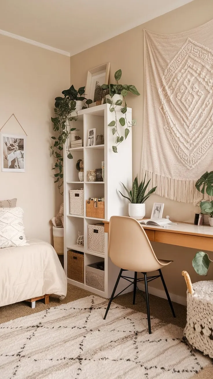 Cozy and chic: This boho dorm room aesthetic showcases the beauty of a neutral color dorm room.  The cream dorm room aesthetic and beige and white dorm room palette create a serene space, perfect for studying or relaxing.  Find inspiration for your own dorm room neutral aesthetic here.