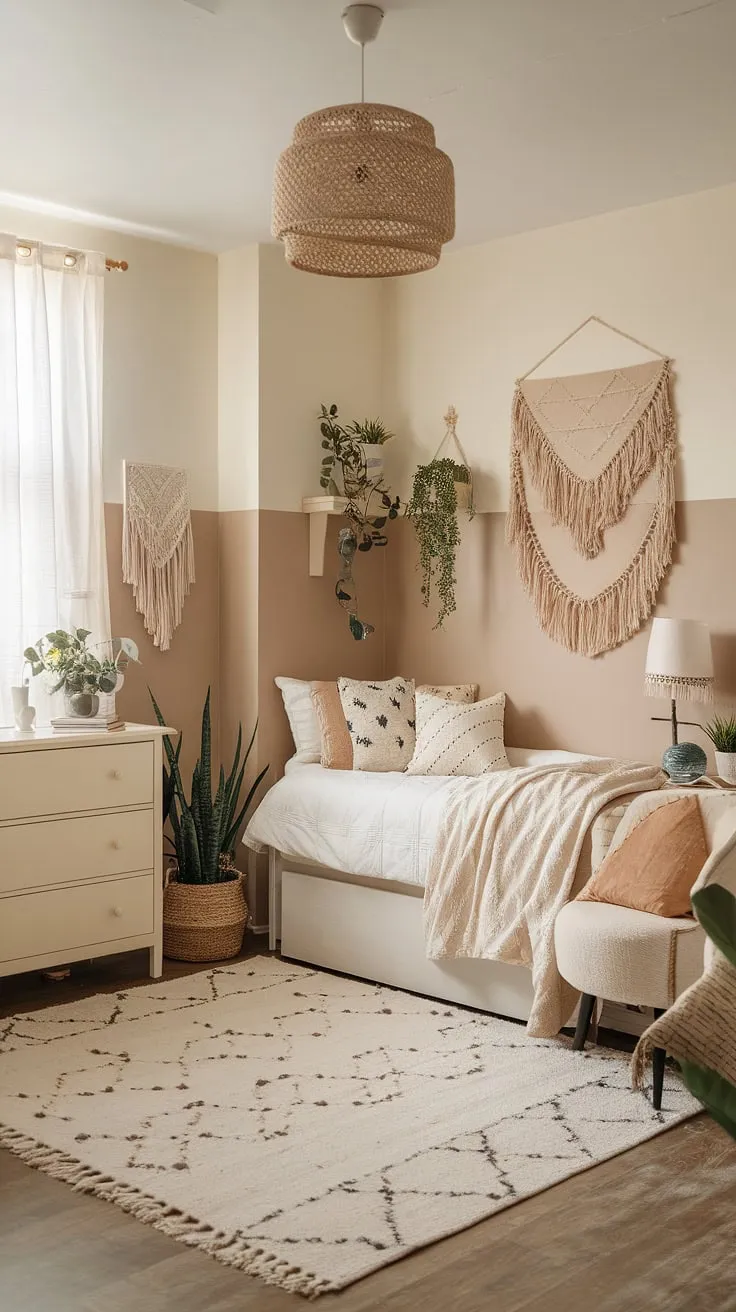 Transforming a dorm room into a serene sanctuary? This boho dorm room aesthetic, featuring a cream dorm room aesthetic and beige and white dorm room palette, proves that neutral color dorm room ideas can be incredibly stylish and inviting.  The result is a calming and sophisticated space, perfect for studying and relaxing.