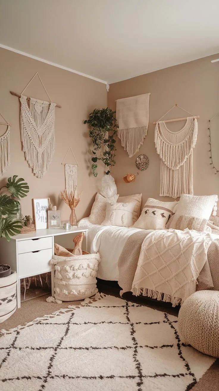 Transform your dorm into a haven of tranquility with this boho dorm room aesthetic.  The neutral color dorm room ideas here, featuring a beige and white dorm room palette and cream dorm room aesthetic details, create a sophisticated and inviting space.  This dorm room neutral aesthetic is effortlessly chic and perfectly balanced.