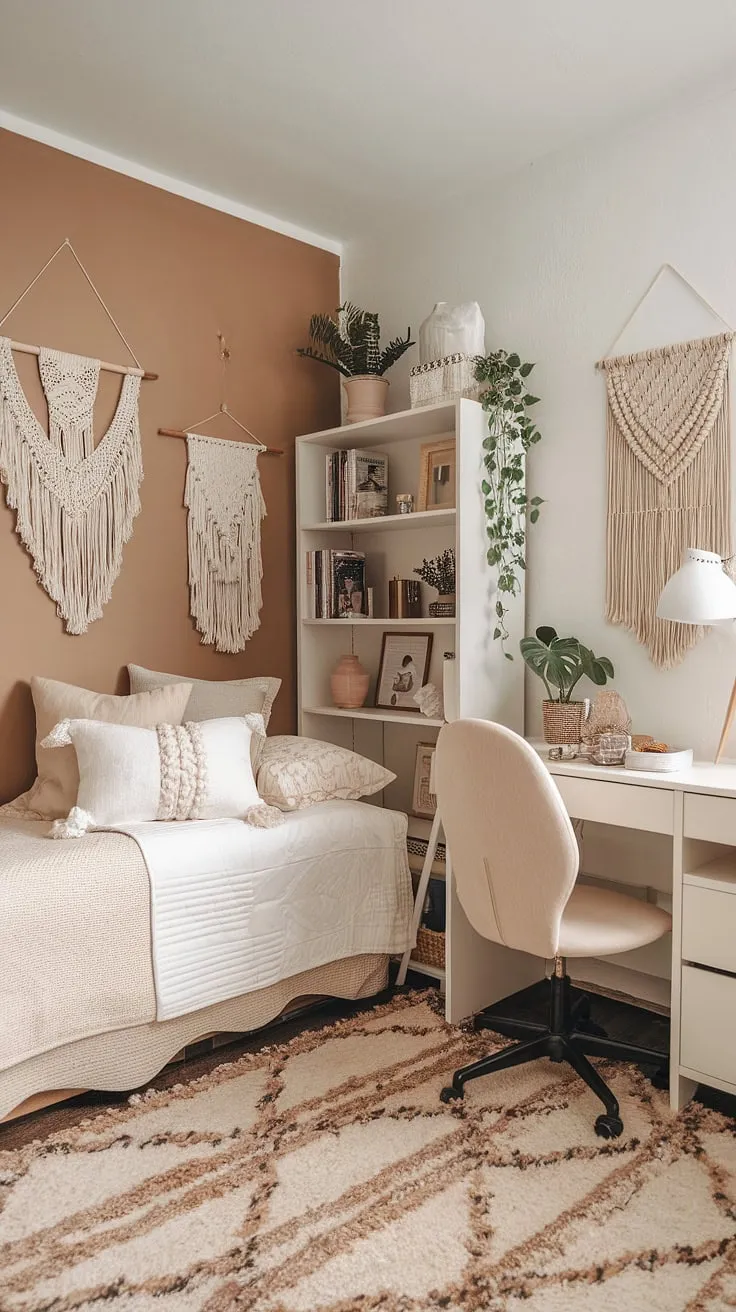 Transform your dorm into a tranquil oasis with this boho dorm room aesthetic.  The beige and white dorm room features a calming cream dorm room aesthetic, making it the perfect example of a dorm room neutral aesthetic.  Find inspiration for your own space with these neutral color dorm room ideas.