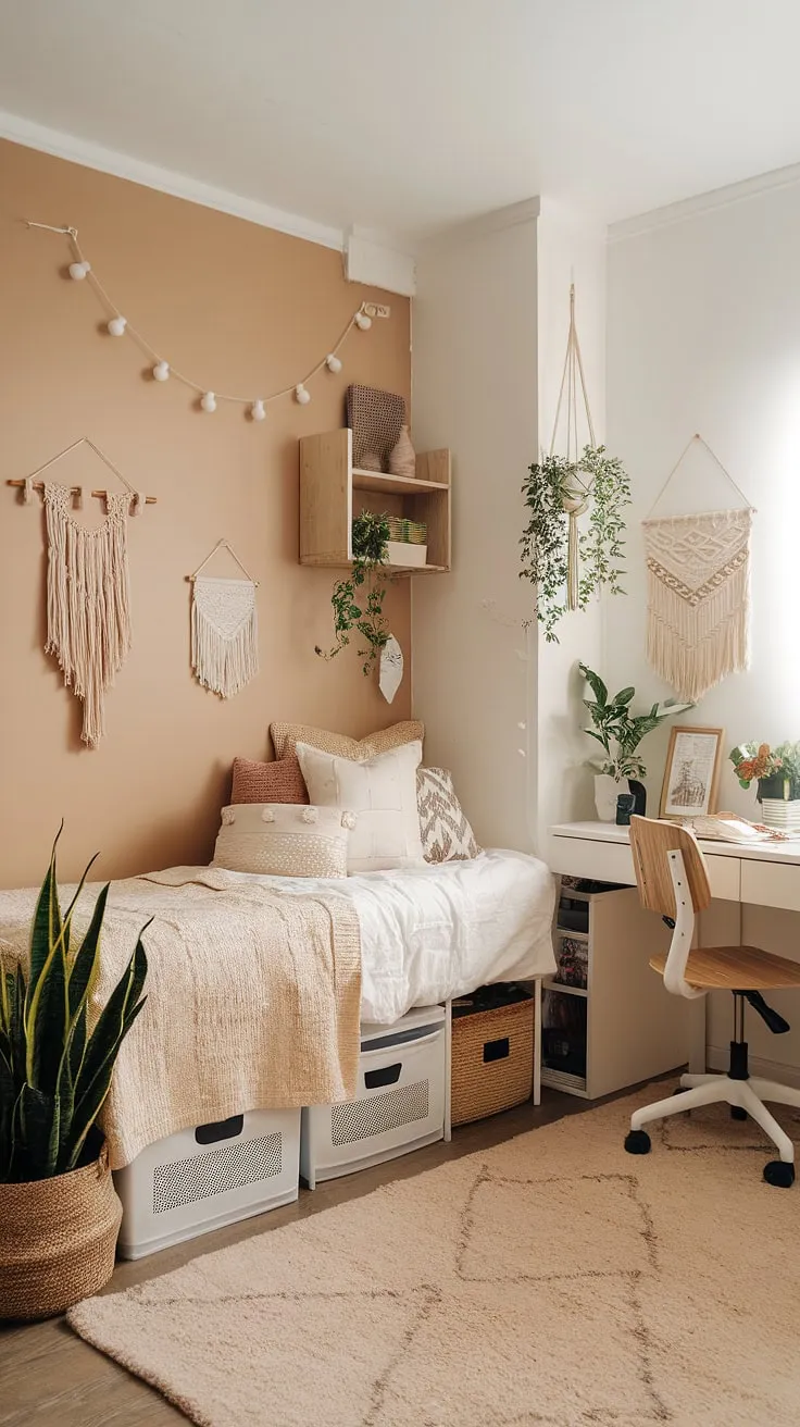 Transforming a dorm room into a serene sanctuary? This boho dorm room, bathed in a cream dorm room aesthetic and featuring a beige and white dorm room palette, proves that neutral color dorm room ideas can be incredibly stylish and inviting.  The result is a calming boho dorm room aesthetic perfect for studying and relaxing.