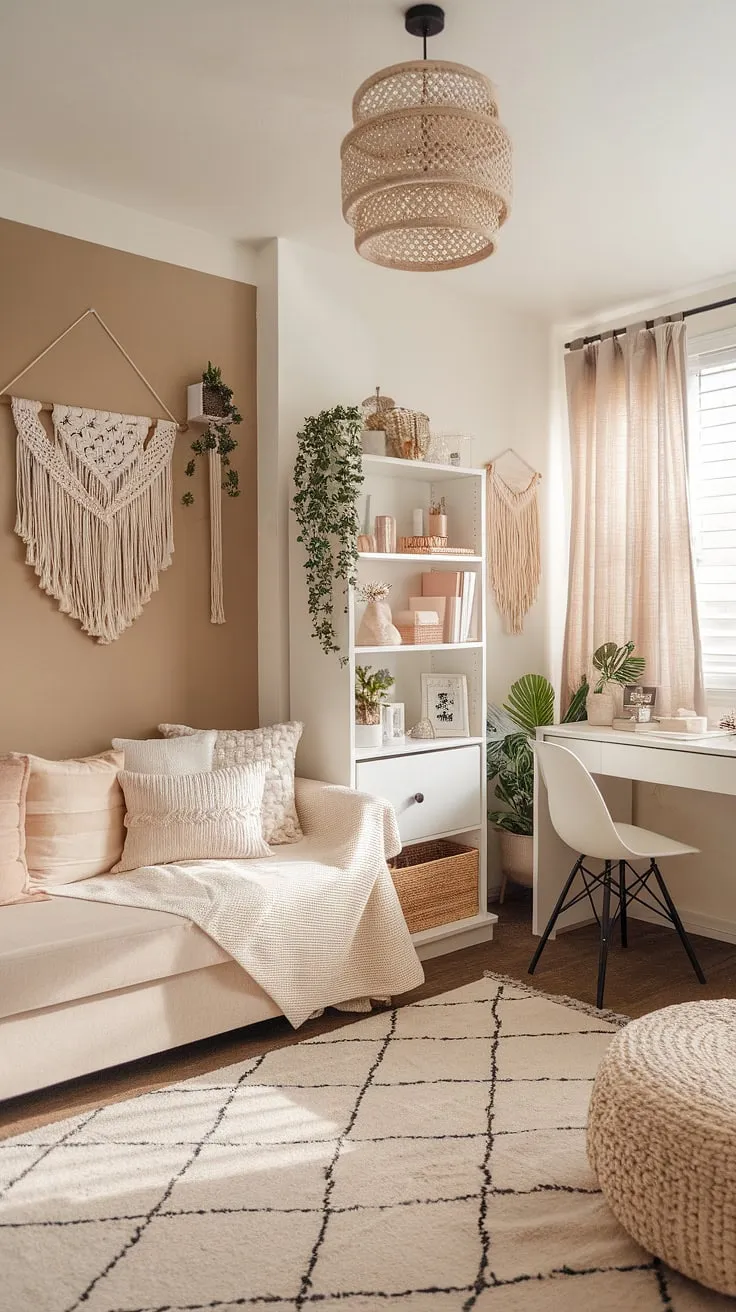 Transform your dorm into a haven of calm with this boho dorm room aesthetic.  A beige and white dorm room provides the perfect backdrop for woven textures and pops of greenery, showcasing the best of neutral color dorm room ideas.  This dorm room neutral aesthetic is effortlessly stylish.