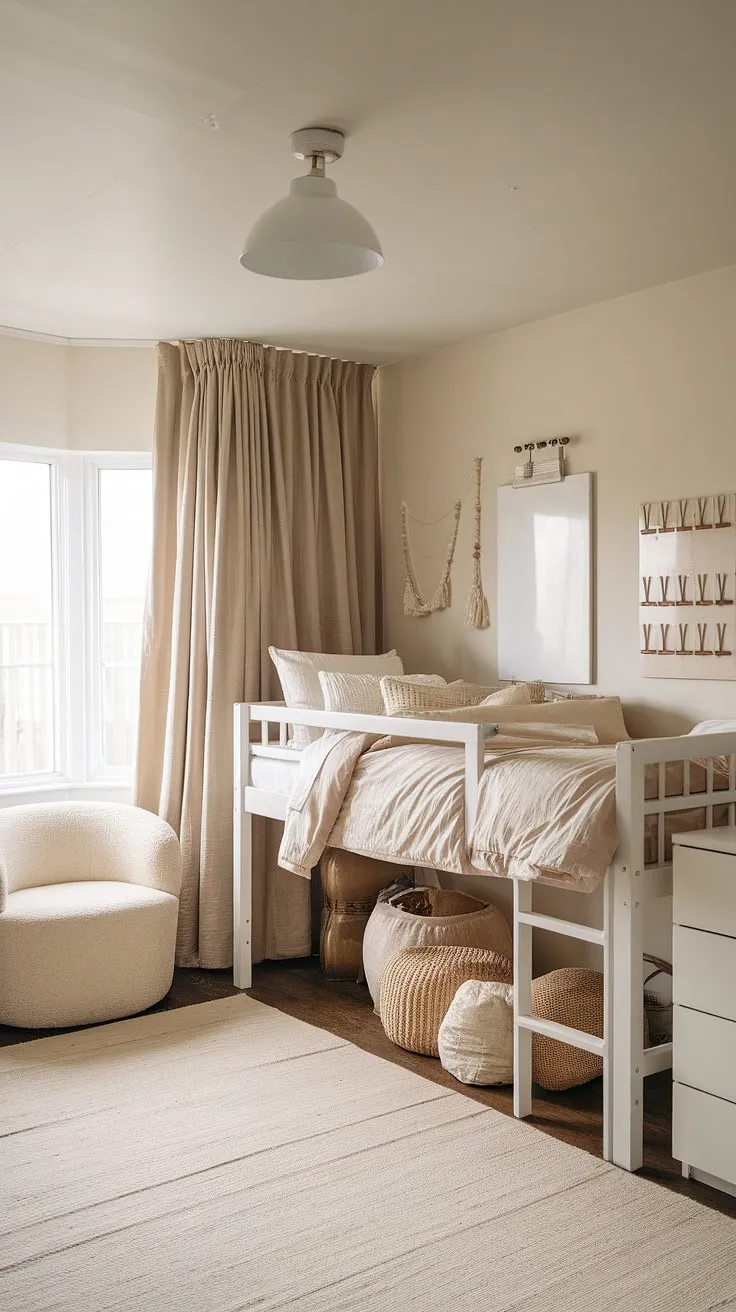 Transforming a small space into a haven of calm? This boho dorm room neutral aesthetic proves it's possible.  The beige and white dorm room features a loft bed maximizing space, while the simple white dresser and boho touches create a sophisticated and inviting dorm room neutral aesthetic.  Get inspired by these neutral color dorm room ideas for your own space.