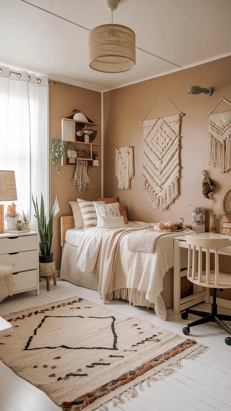 Transforming a dorm room into a serene sanctuary? This boho dorm room, bathed in a cream dorm room aesthetic and featuring a beige and white dorm room palette, proves that neutral color dorm room ideas can be incredibly stylish and inviting.  The result is a calming boho dorm room aesthetic perfect for studying and relaxing.