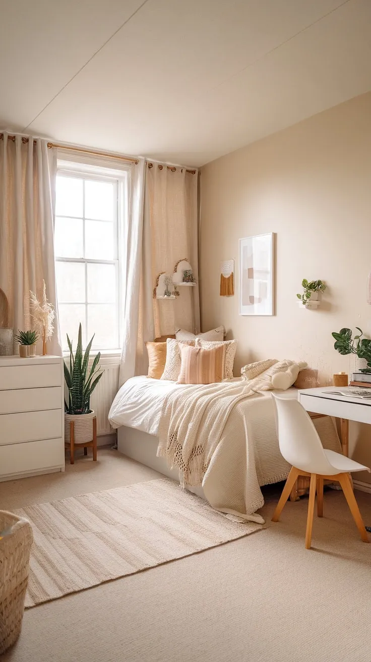 Cozy and chic: This boho dorm room embraces a neutral color dorm room aesthetic, blending cream and beige for a calming and stylish space.  Explore the possibilities of a dorm room neutral aesthetic with this inspiring boho dorm room design.