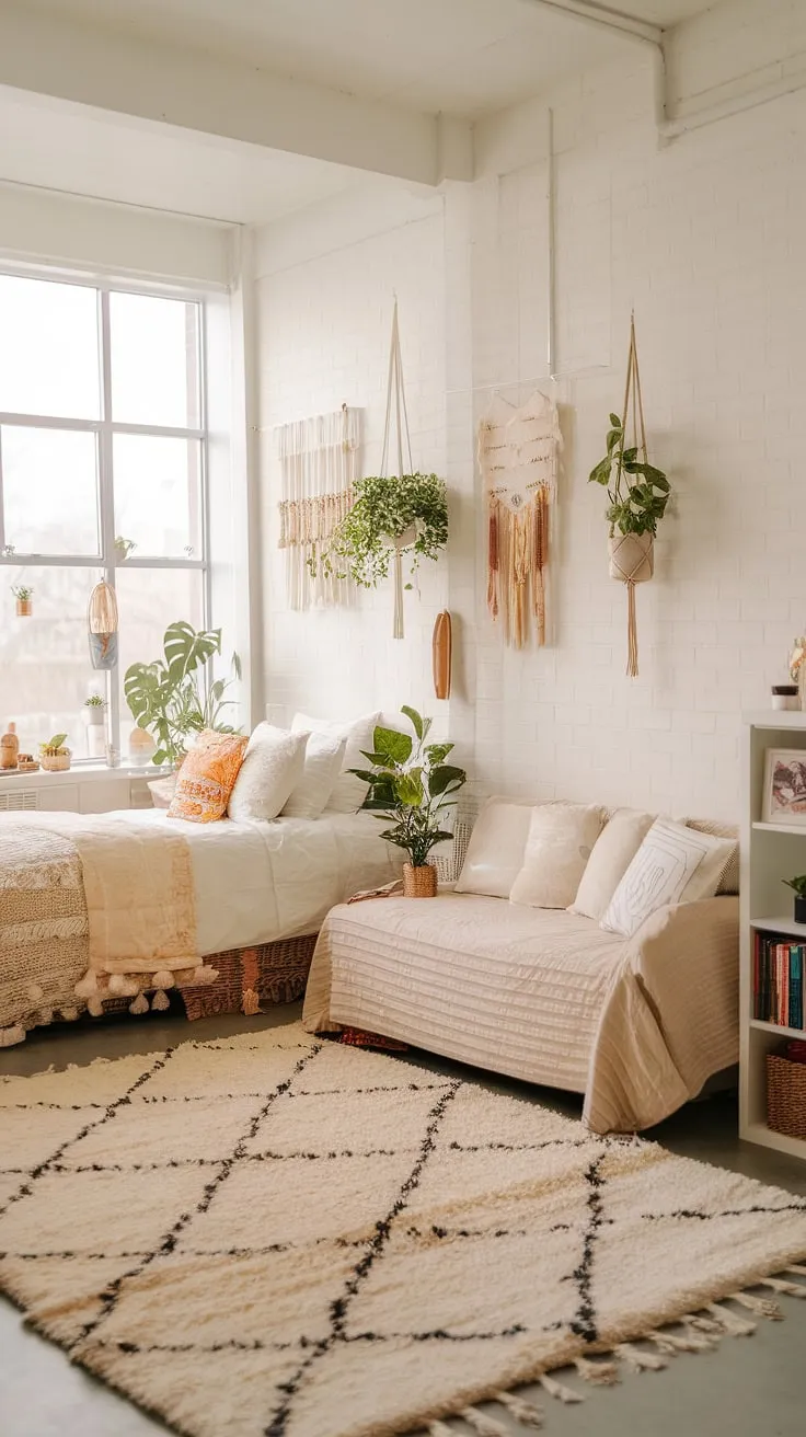Neutral color dorm room ideas don't have to be bland! This boho dorm room aesthetic showcases how a beige and white dorm room can be effortlessly chic. The cream dorm room aesthetic is amplified by the soft textures and pops of color, creating a welcoming and relaxing boho dorm room.