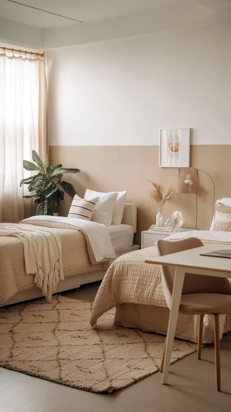 Dreamy and understated, this boho dorm room aesthetic proves that less is more.  The beige and white dorm room is a masterclass in minimalist design, offering a peaceful retreat.  Find inspiration for your own neutral color dorm room ideas in this perfectly curated space.