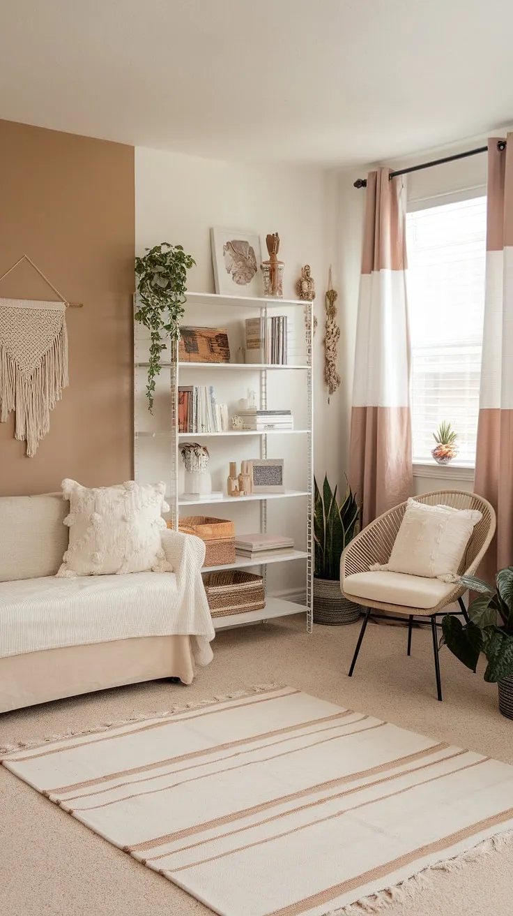 Transforming a dorm room into a serene boho haven. This beige and white dorm room, with its cream dorm room aesthetic, showcases the beauty of a neutral color dorm room.  The result? A perfectly peaceful boho dorm room aesthetic that's both stylish and functional, offering plenty of neutral dorm room ideas for your own space.