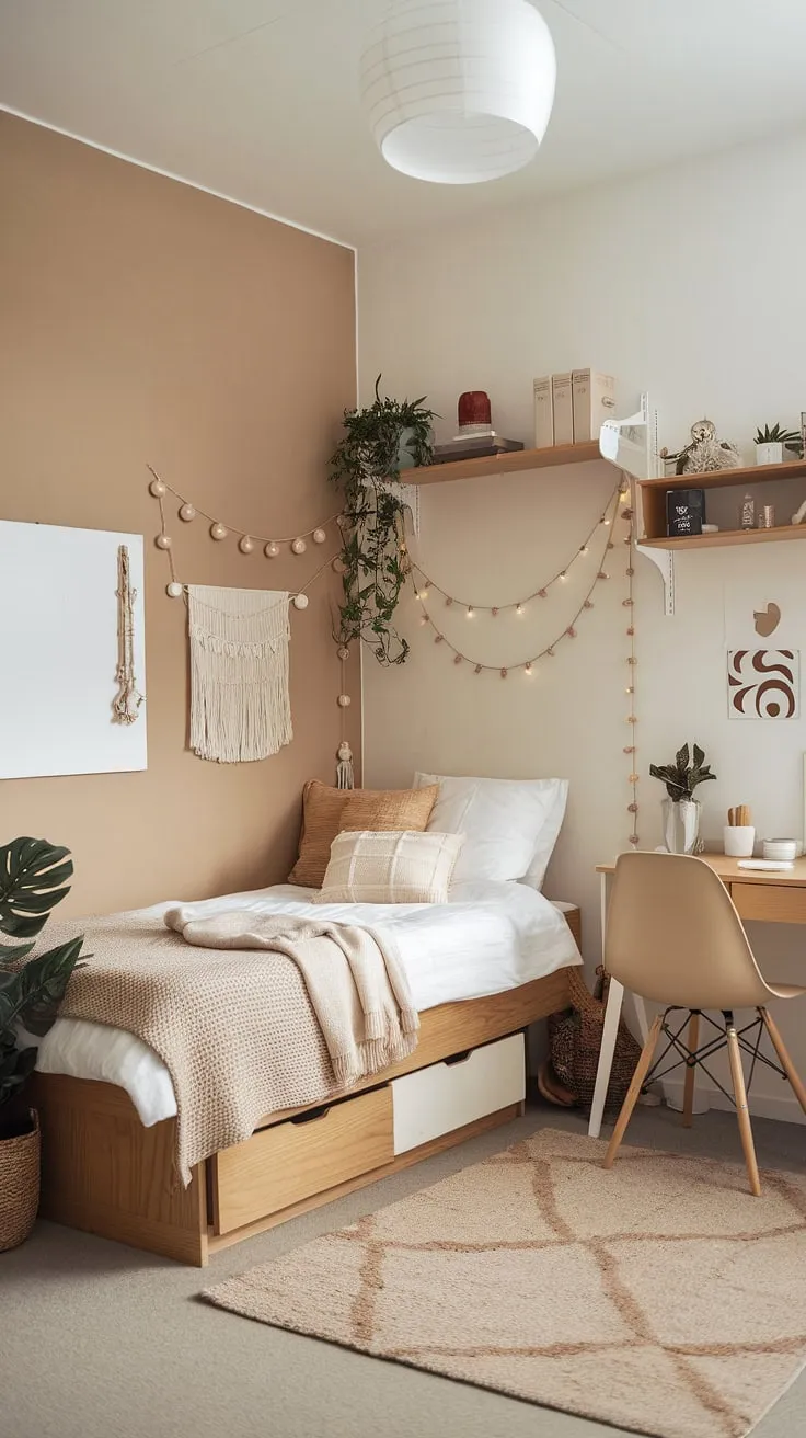 Transform your dorm into a tranquil haven with this boho dorm room aesthetic.  The neutral color dorm room ideas come to life in this beige and white dorm room, featuring a cream dorm room aesthetic that's both chic and functional.  A perfect example of a dorm room neutral aesthetic, this space balances comfort and style.