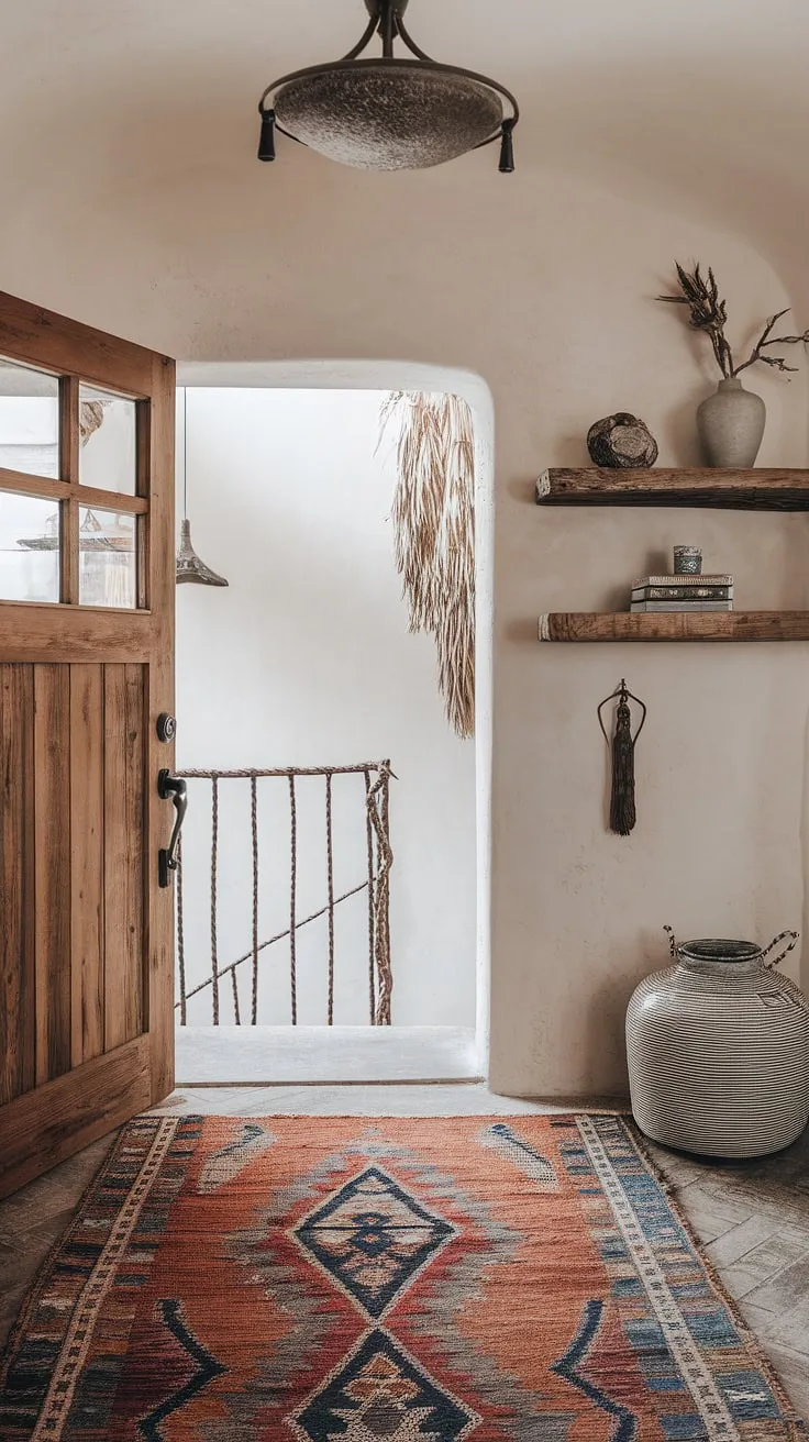 Step into a world of bohemian charm with this captivating boho entrance.  The rustic light fixture, intricately designed metal staircase, and thoughtfully curated boho decor create a welcoming boho foyer, showcasing the effortless boho style and boho aesthetic that defines this boho interior design. The patterned rug anchors the space, leading you further into this enchanting boho hallway.