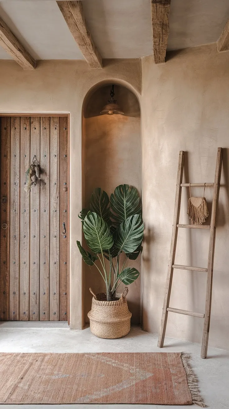 Step into a world of bohemian bliss. This boho entryway, with its eclectic mix of textures and colors, sets the tone for a home filled with warmth and personality.  The boho decor and boho interior design create a truly captivating boho aesthetic, transforming a simple hallway into a stunning boho foyer.