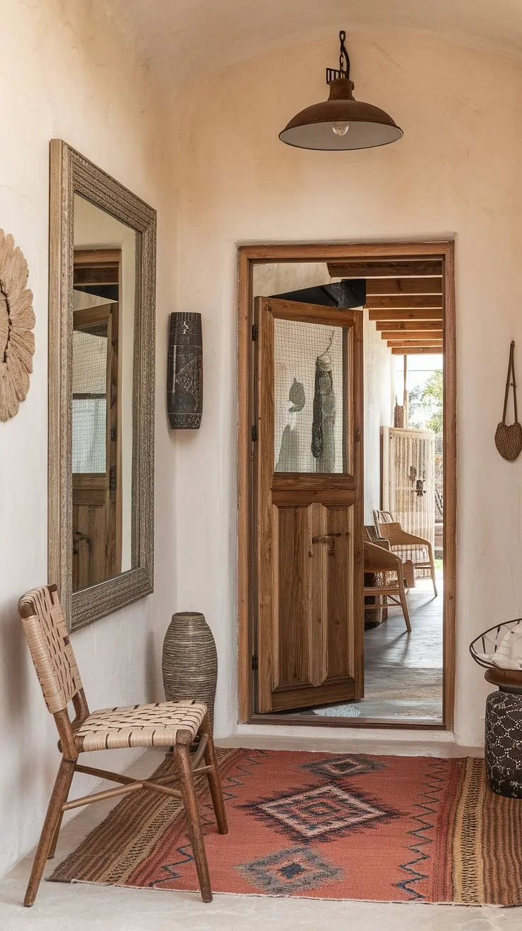 A captivating boho foyer welcomes you with its effortlessly chic boho style.  The boho decor is a masterclass in relaxed elegance, creating a boho entrance that's both inviting and inspiring.  Every detail speaks to the free-spirited nature of boho interior design.