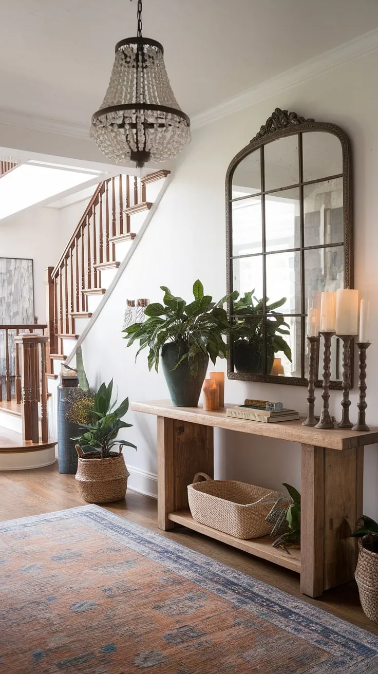 Embrace the free-spirited charm of this boho entrance.  Boho style shines in every detail, from the carefully curated boho decor to the inviting atmosphere. This boho hallway and boho foyer exemplify the relaxed elegance of boho interior design.