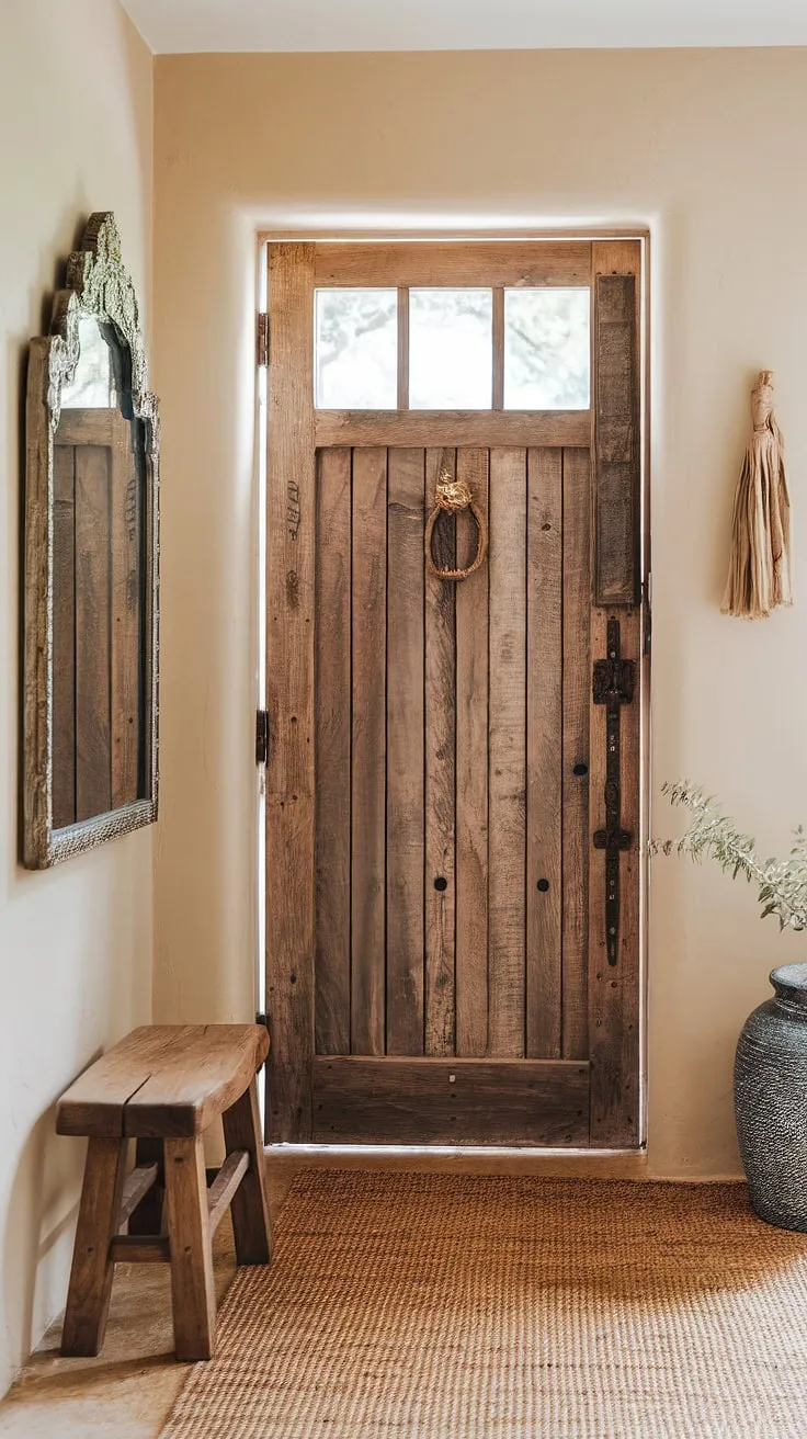A captivating boho foyer welcomes you with open arms.  The boho decor, a masterful blend of global influences and relaxed style, creates an inviting boho entrance.  This boho hallway and its boho style perfectly embody the free-spirited charm of boho interior design.