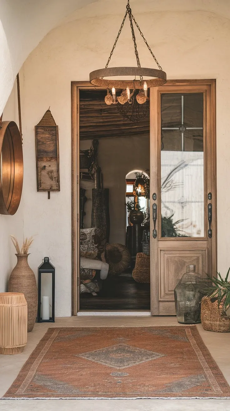 Step into a world of bohemian bliss. This boho entryway, with its signature blend of textures, patterns, and natural elements, sets the tone for a home filled with warmth and effortless style.  The boho decor, from the woven rug to the macrame wall hanging, perfectly embodies the boho aesthetic and showcases the artistry of boho interior design.  A truly captivating boho foyer and hallway, welcoming you into a space that's uniquely yours.