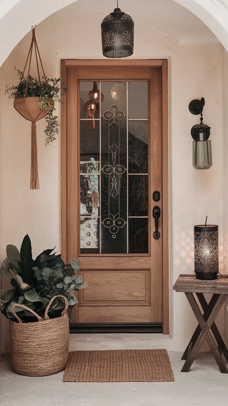 A captivating boho entrance welcomes you into a home brimming with boho decor.  The boho hallway and boho foyer showcase a stunning example of boho interior design, effortlessly blending bohemian style and a relaxed boho aesthetic.  Every detail speaks to the artistry of boho style.