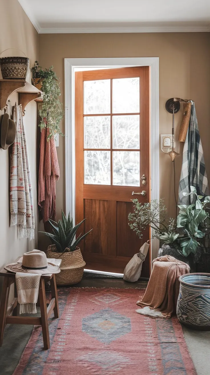 This boho entryway embodies the free-spirited essence of boho decor.  From the rustic wooden door to the carefully chosen plants and vintage lamp, every detail contributes to the captivating boho hallway and boho style.  The overall boho interior design creates a welcoming and cozy atmosphere, a true reflection of the boho aesthetic.