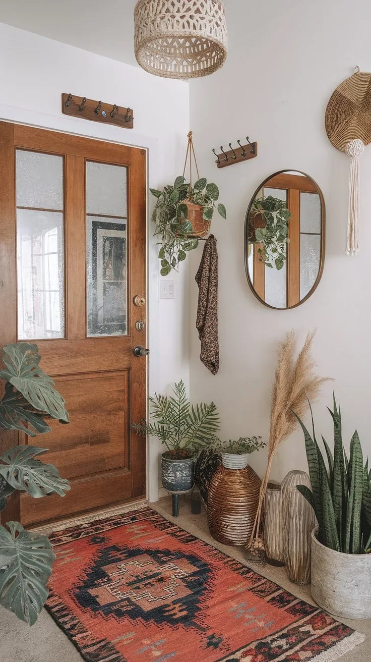 This boho entrance is a testament to the beauty of boho style.  The thoughtfully curated boho decor, from the hanging basket to the wall mirror, transforms this boho hallway into a stunning boho foyer.  Experience the relaxed boho aesthetic and the inviting atmosphere of this boho interior design, where vintage and modern elements blend seamlessly.