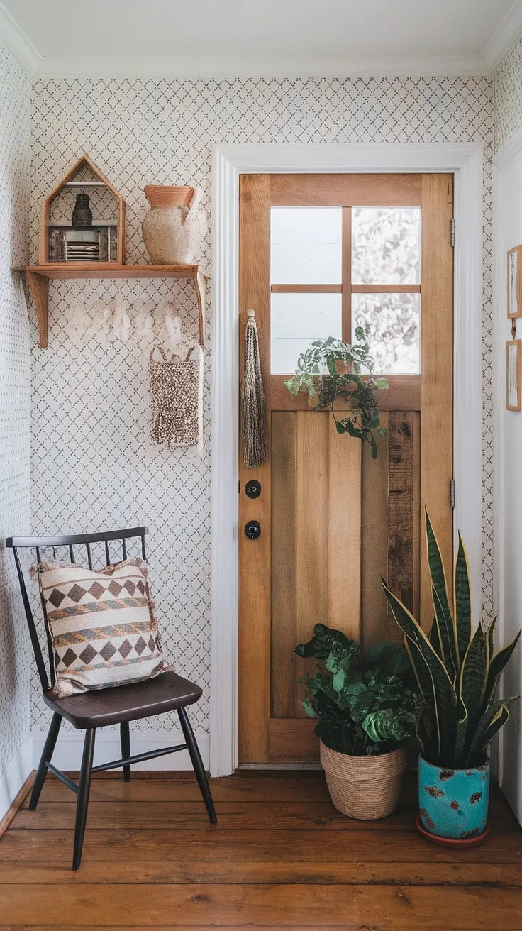 Step into a world of bohemian charm with this inviting boho entrance, where a curated collection of boho decor creates a warm and welcoming boho foyer. The boho style shines through in every detail, from the patterned wallpaper to the thoughtfully placed potted plants, making this boho entryway a true reflection of boho interior design and boho aesthetic.