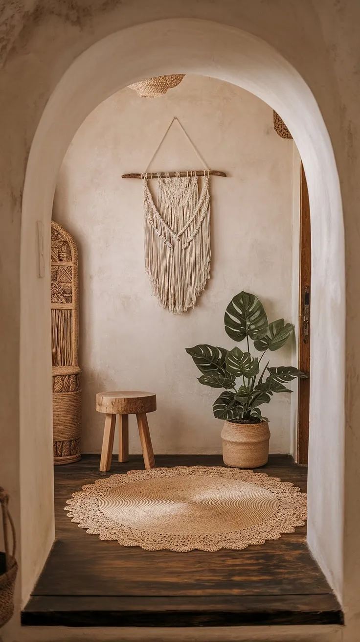 Embrace the free-spirited charm of this boho entrance.  Boho decor and a carefully curated boho aesthetic transform this simple hallway into a stunning boho foyer, showcasing the beauty of boho interior design and boho style.  A truly captivating boho entryway.
